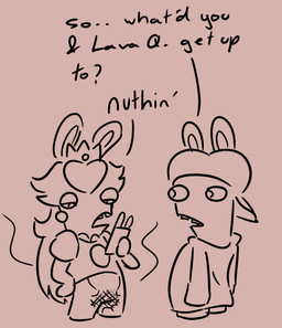 answer answering anthro arms_bent asking asking_another backwards_hat bottomless bottomless_anthro bottomless_female brown_background brown_clothing brown_ear_piercing brown_eyes brown_hair brown_hat brown_headwear brown_shirt brown_topwear buckteeth burnt cellphone clothed clothed_anthro clothed_female clothed_male clothing crown dialogue duo ear_piercing electronics female female_anthro frown hair half-closed_eyes hand_on_hip hand_on_own_hip hat headgear headwear holding_cellphone holding_object holding_phone long_ears long_hair looking_at_cellphone looking_at_object looking_at_phone male male_anthro mitten_hands name_in_dialogue narrowed_eyes no_pupils noseless open_frown open_mouth phone piercing question_mark shirt simple_background sleeves_past_fingers smartphone smoke standing straight_arms teeth text topwear insert-thenewbl-here mario_bros mario_plus_rabbids_kingdom_battle nintendo raving_rabbids rayman_(series) ubisoft rabbid_luigi rabbid_peach lagomorph mammal rabbid 2024 crossover digital_drawing_(artwork) digital_media_(artwork) english_description english_text monochrome sketch