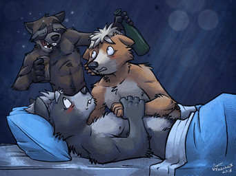 anthro anthro_on_anthro bed blush bottle container cuddling drunk duo_focus furniture group hand_holding male male/male nude romantic romantic_couple substance_intoxication surprised k-9 guardians_of_the_galaxy marvel nintendo star_fox fox_mccloud rocket_raccoon wolf_o'donnell canid canine canis fox mammal procyonid raccoon wolf 2018 hi_res