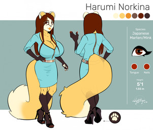 anthro belt big_breasts breasts brown_body brown_eyes brown_fur brown_hair clothing crossed_legs dress facial_markings female footwear fur hair hand_on_hip head_markings high_heeled_sandals high_heels huge_breasts lips markings orange_lips sandals shoes solo standing text white_face yellow_body yellow_fur nightargen harumi_norkina gulonine hybrid japanese_marten mammal marten mink mustelid musteline true_musteline 2025 english_text hi_res model_sheet watermark