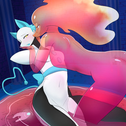 anthro anthro_on_anthro black_body blue_ears blue_hair blush butt clothing detailed_background duo dutch_angle eye_contact female female/female female_anthro floating_hair floating_hands hair hand_on_face heart_symbol heart_tail looking_at_another looking_away love navel_outline pink_body pink_hair pointy_ears prick_ears side_slit slim_anthro slim_female smile smirk snout tail translucent translucent_body water yellow_eyes dulce_ratoncita deltarune undertale_(series) miss_mizzle tasque_manager animal_humanoid darkner elemental_creature felid felid_humanoid feline feline_humanoid humanoid mammal mammal_humanoid mizzle_(deltarune) water_creature 1:1 2025 hi_res portrait three-quarter_portrait