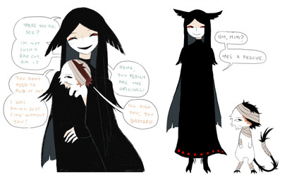 :d bandage bandaged_head bandaged_tail black_clothing black_ears black_eyes black_hair black_robe black_tail black_text closed_smile clothing dialogue duo green_text hair long_hair looking_at_viewer male mouth_closed mouthless noseless orange_text red_sclera robe semi-anthro simple_background smile speech_bubble tail text white_background white_body white_skin jejejunum ember_(jejejunum) pest_(jejejunum) animal_humanoid fraid_(species) humanoid proto-nethermare 2026 digital_drawing_(artwork) digital_media_(artwork) english_description english_text hi_res