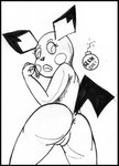 anthro anus black_border border butt female genitals looking_back open_mouth pussy solo reddragonkan nintendo pokemon generation_2_pokemon pichu pokemon_(species) monochrome traditional_media_(artwork)