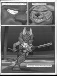 anthro armor bracers dialogue female headgear helmet male mask melee_weapon pauldron polearm shin_guards solo staff text weapon ferris wooky hitting_the_showers canid canine canis lagomorph leporid mammal rabbit wolf comic digital_media_(artwork) english_text greyscale monochrome multiple_scenes