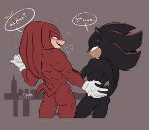 anthro blush butt chest_tuft clothing dialogue drunk duo gloves handwear male male/male muscular muscular_anthro muscular_male narrowed_eyes open_mouth simple_background substance_intoxication teeth text tuft toodamncycle sega sonic_the_hedgehog_(series) knuckles_the_echidna shadow_the_hedgehog echidna eulipotyphlan hedgehog mammal monotreme 2022 absurd_res english_text hi_res signature