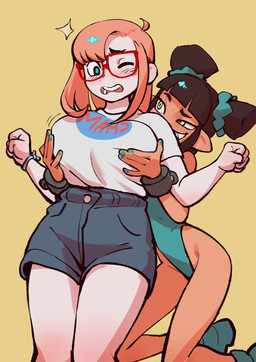5_fingers big_breasts blue_clothing blue_eyes blue_leotard bottomwear breast_fondling breast_grab breast_play breasts brown_hair button_(fastener) clothed clothed_female clothed_human clothed_humanoid clothing duo eyebrows eyewear female female/female female_human female_humanoid fingers fondling footwear glasses hair hand_on_breast human_on_humanoid humanoid_pointy_ears interspecies leotard light_body light_skin one_eye_closed open_mouth orange_hair pale_body pale_skin pointy_ears red_eyewear red_glasses shirt shorts simple_background smile tan_body tan_skin text text_on_clothing text_on_shirt text_on_topwear topwear wearing_glasses white_clothing white_sclera white_shirt white_topwear yellow_background yellow_eyes colo mephia_(colo) rita_(colo) demon demon_humanoid human humanoid mammal 2021 digital_drawing_(artwork) digital_media_(artwork) english_description hi_res