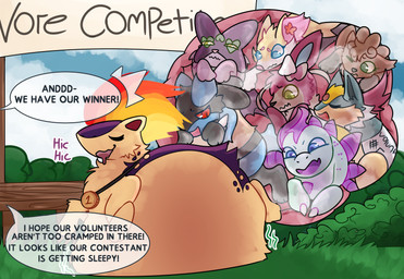 blue_eyes countershading female female_prey feral feral_prey fire flower group internal male male_prey markings medal mottled mottled_body multiple_prey organs paws plant purple_body quadruped red_markings stomach tan_body vore cherryraptor nintendo pokemon blitz_(gyro) bria_cindertails fan_character thistle_(thistle69) wuffles bayleef braixen eeveelution generation_1_pokemon generation_2_pokemon generation_4_pokemon generation_6_pokemon generation_9_pokemon lucario meowscarada pokemon_(species) quilava sylveon vulpix absurd_res hi_res