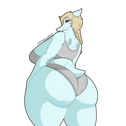 amber_eyes anthro big_breasts big_butt blonde_hair bone_frill bra braided_hair breasts bubble_butt butt cellulite clothed clothing curvy_figure elbow_feathers eyelashes eyeshadow feathers female frill_(anatomy) glistening glistening_arms glistening_body glistening_butt glistening_scales grey_body grey_bra grey_clothing grey_feathers grey_panties grey_scales grey_underwear hair huge_breasts huge_butt huge_hips huge_thighs long_hair looking_at_viewer looking_back looking_back_at_viewer makeup mature_anthro mature_female panties purple_eyeshadow scales short_tail side_boob simple_background smile snout solo tail text thick_thighs underwear underwear_only voluptuous voluptuous_anthro voluptuous_female white_background wide_hipped_anthro wide_hipped_female wide_hips fdaapprovedbeef cavemanon_studios snoot_game samantha_(snoot_game) prehistoric_species pterosaur reptile scalie 1:1 2025 absurd_res artist_name digital_drawing_(artwork) digital_media_(artwork) hi_res watermark