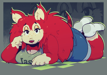 ankle_socks anthro bottomwear breasts chest_tuft clothing denim denim_bottomwear denim_clothing denim_shorts eyelashes female footwear freckled_face freckles fur glistening_eyelids green_clothing green_topwear hair half-closed_eyes long_eyelashes looking_at_viewer lying messy_hair narrowed_eyes on_front red_body red_fur shorts socks solo topwear tuft nonientalz adult_swim animal_crossing cartoon_network nintendo sable_able eulipotyphlan hedgehog mammal hi_res