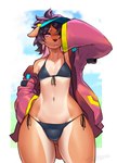 anthro bikini bikini_bottom bikini_bulge bikini_top biped bulge butt butt_from_the_front clothed clothing crossdressing femboy hair male navel solo string_bikini swimwear tail thick_thighs triangle_bikini two-piece_swimsuit wide_hips zerpreros makoto_(zerpreros) canid canine canis domestic_dog mammal shiba_inu spitz hi_res