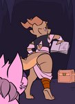 ambiguous_gender anthro barefoot bat_ears bat_nose book box breasts brown_body butt carrying_another cave container cute_fangs feet female feral freckles fur holding_book holding_container holding_object horn neck_tuft non-mammal_breasts pink_body pink_fur purple_inner_ear smile solo squish toes treasure_chest tuft wraps yellow_eyes srrizadventurer srriz_adventure srriz bat kobold mammal reptile scalie story