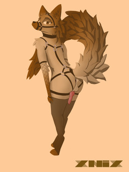 animal_genitalia animal_penis anthro anus armwear balls bdsm bondage bound butt canine_genitalia canine_penis clothing collar femboy fishnet_armwear fishnet_clothing fluffy fluffy_tail fur genitals hair harness leash legwear long_tail looking_at_viewer looking_back looking_back_at_viewer male muzzle_(object) muzzled penis penis_backwards penis_tuck simple_background snout solo submissive submissive_male tail thigh_highs xnix canid canine canis domestic_dog mammal 3:4 absurd_res hi_res