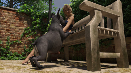 4_toes 5_claws after_vore belly bench black_body black_claws black_fur bottomwear claws clothed clothing cloud day duo eyebrows feet female female_pred fence feral feral_pred fur grey_eyes hair happy outside plant shirt shorts shrub sitting tail tan_eyebrows tan_hair toes topwear tree vines vore azkinart bulldog canid canine canis domestic_dog human mammal mastiff molosser 16:9 hi_res shaded widescreen