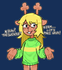 5_fingers anthro antlers blonde_hair bodily_fluids bottomless buckteeth clothed clothing countershade_legs countershade_thighs countershading dialogue eyelashes female fingers freckled_face freckles hair horn long_eyelashes long_hair nervous red_nose shirt shirt_only solo sweat teeth text topwear topwear_only 1her0 deltarune undertale_(series) noelle_holiday deer mammal new_world_deer reindeer alpha_channel english_text