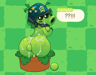 anthro armor backsack balls bead big_butt black_eyes bodily_fluids bodypaint butt cum cum_on_body cum_on_butt cum_on_face dialogue face_paint freckled_butt freckled_face freckles genital_fluids genitals glistening glistening_body gradient gradient_tail green_body green_hair hair headgear helmet holding_object leaf leaf_hair looking_at_viewer looking_back male markings military not_furry object_in_ass plant plant_hair pseudo_hair pupils question_mark silly simple_background small_balls solo speech_bubble suction_cup surprised sweat text thick_thighs toony wet white_pupils anonymous_artist electronic_arts plants_vs._zombies plants_vs._zombies_3 popcap_games elemental_creature flora_fauna mega_gatling_pea_(pvz) peashooter_(pvz) absurd_res hi_res