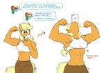 abs anthro blonde_hair bodily_fluids cellphone clothing duo electronics female flexing flexing_bicep flexing_both_biceps freckles fur green_eyes hair multicolored_hair muscular muscular_anthro muscular_female orange_body orange_fur phone phone_in_mouth ponytail pubes rainbow_hair selfie smartphone solo_focus tears text redxbacon friendship_is_magic hasbro my_little_pony applejack_(mlp) rainbow_dash_(mlp) earth_pony equid equine horse mammal pony english_text hi_res