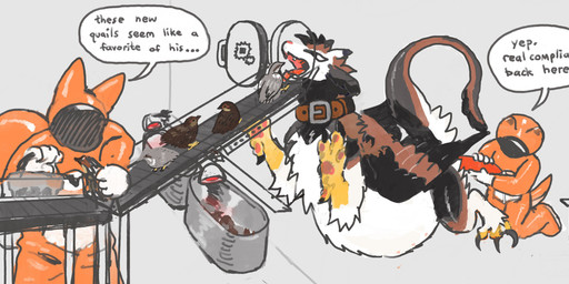 ambiguous_anthro ambiguous_gender animal_genitalia animal_penis anthro belly big_belly black_body black_feathers black_fur black_wings bodily_fluids bottle brown_body brown_collar brown_feathers brown_fur brown_wings clothed clothed_ambiguous clothed_anthro clothing collar container cum dialogue feathered_wings feathers feeding feral fully_clothed fully_clothed_ambiguous fully_clothed_anthro fur genital_fluids genitals grey_body grey_feathers group holding_animal holding_another's_penis imminent_vore laboratory latex latex_clothing latex_skinsuit latex_uniform looking_at_another looking_at_genitalia looking_at_penis male male_feral multicolored_body multicolored_feathers multicolored_fur multicolored_wings open_mouth orange_clothing orange_latex orange_suit orange_uniform penis red_penis red_tongue scutes skinsuit speech_bubble suit talking_to_another text tight_clothing tongue trio_focus vore white_body white_feathers white_fur wings yellow_scutes birdpaw_(artist) mythology fursona_(birdpaw) avian bird dragon feathered_dragon feathered_scalie furred_dragon furred_scalie mythological_creature mythological_scalie scalie 2025 digital_drawing_(artwork) digital_media_(artwork) english_description english_text hi_res