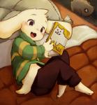 anthro barefoot bed biped book clothed clothing feet fur furniture lying on_bed on_side open_mouth reading solo teeth totes_adorbs white_body white_fur young young_anthro totatetta undertale undertale_(series) asriel_dreemurr boss_monster_(undertale) bovid caprine mammal hi_res