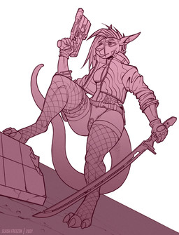 anthro clothed clothing ear_piercing ear_ring female female_anthro fishnet_clothing fishnet_legwear gun holding_gun holding_melee_weapon holding_object holding_ranged_weapon holding_sword holding_weapon legwear melee_weapon navel piercing ranged_weapon ring_piercing simple_background solo standing sword weapon slash_freezen kangaroo macropod mammal marsupial hi_res monochrome