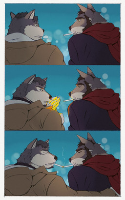 anthro cigarette duo male male/male 617foreverwithy echo_(series) echo_project the_smoke_room kane_dunbar william_adler canid canine canis coyote mammal wolf hi_res