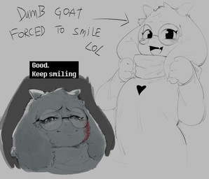 anthro blood bodily_fluids clothed clothing crying cute_fangs eyewear fangs fingers floppy_ears glasses horn long_ears looking_at_viewer male open_mouth solo tears teeth text tongue krekk0v deltarune undertale_(series) ralsei bovid caprine mammal 2025 english_text greyscale hi_res monochrome spot_color