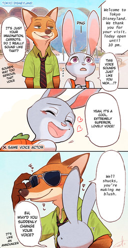anthro blush dialogue fur grey_body grey_fur interrobang orange_body orange_fur outside purple_eyes speech_bubble text burnrice8 third-party_edit disney zootopia judy_hopps nick_wilde canid canine fox lagomorph leporid mammal rabbit red_fox true_fox alternate_version_at_source comic english_text hard_translated translated