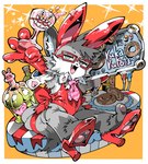 2021 alcohol anthro beverage bottle bunny_costume canid canine canis clothed clothing container costume cup cute_fangs dessert doughnut eyewear fake_ears fake_rabbit_ears food girly glasses gloves handwear kafun male mammal necktie pawpads ribbons solo wolf
