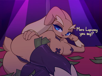 anthro anus areola areola_slip barely_visible_anus barely_visible_genitalia barely_visible_vulva big_butt black_clothing black_legwear black_underwear blue_eyes breasts brown_ears butt butt_focus camel_toe choker clothing collarbone dialogue eyeshadow female genitals hand_on_butt hand_on_head hand_on_own_butt jewelry legwear long_ears looking_at_viewer lying makeup money money_in_legwear money_in_thigh_highs mostly_nude necklace nipple_tape open_mouth pasties pole pose question_mark raised_tail seductive short_tail solo stripper_pole tail talking_to_viewer tape text thick_thighs thigh_highs underwear vulva conditional_dnp pinkcappachino nintendo pokemon generation_4_pokemon lagomorph lopunny mammal pokemon_(species) 2021 compression_artifacts digital_media_(artwork) english_text shaded