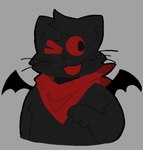 3_fingers :3 ambiguous_gender anthro bat_wings black_body black_fur black_nose blush eyebrows fingers front_view fur inner_ear_fluff kerchief kerchief_only membrane_(anatomy) membranous_wings mostly_nude neckerchief neckerchief_only neckwear one_eye_closed open_:3 open_mouth red_kerchief red_neckerchief red_sclera small_wings solo tuft whiskers wings cassicat domestic_cat felid feline felis mammal 2023 character_request digital_media_(artwork) half-length_portrait portrait