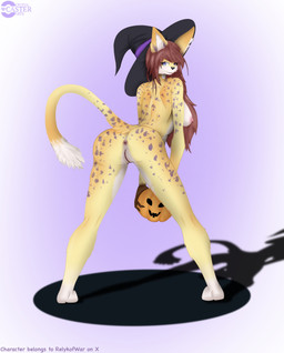 anthro anus aroused brown_hair butt clothing costume dots female food fruit genitals hair halloween_costume hat headgear headwear holidays jack-o'-lantern looking_at_viewer nipples pink_nipples plant presenting presenting_hindquarters pumpkin rear_view solo text vulva witch_hat ccaster halloween felid leopard mammal pantherine absurd_res english_text hi_res