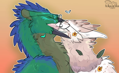 ambiguous_gender beak_kiss blue_body blue_feathers brown_body brown_feathers deep_kiss duo ear_tuft eyewear feathered_crest feathers feral flower french_kissing glasses green_body green_feathers head_crest heart_symbol kissing leaf plant simple_background tan_body tan_feathers tuft white_body white_feathers hollyvardia mythology askion_(saber15) hazelotaria_(hollyvardia) avian bird columbid gryphon mythological_avian mythological_creature picid woodpecker hi_res signature