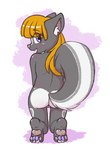 anthro blonde_hair blush butt female fur genitals grey_body grey_fur hair kneeling looking_at_viewer looking_back nude open_mouth pawpads presenting presenting_hindquarters purple_eyes pussy rear_view solo young young_anthro young_female aggie_(artist) lolly_(butterscotchlollipop) mammal mephitid skunk hi_res