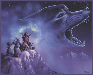 ambiguous_gender clothing fangs female feral fur group howl magic male mountain open_mouth star teeth susan_van_camp hasbro magic:_the_gathering wizards_of_the_coast canid canine canis human mammal wolf 1994 absurd_res hi_res official_art traditional_media_(artwork)