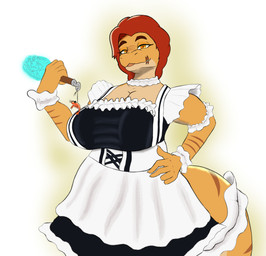 anthro big_breasts biped breasts brown_body clothed clothed_anthro clothed_female clothing female fingers front_view hair holding_object huge_breasts humanoid_hands long_hair looking_at_viewer maid_uniform markings non-mammal_breasts orange_eyes pose red_hair simple_background smile solo standing striped_markings stripes tail tan_body uniform kuvas_(artist) abilongin'_for_ya! cavemanon_studios snoot_game abilene_hartley fan_character aquatic cetacean dorudon mammal whale absurd_res colored hi_res