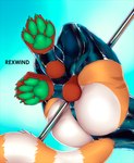 anthro butt clothing fluffy_paws fur green_pawpads latex latex_clothing legwear male orange_body orange_fur pawpads pole solo stripes tail thigh_highs rexwind torkle ailurid mammal red_panda