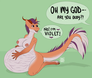 anthro belly big_belly big_breasts bodily_fluids breasts claws dialogue feathers female green_background hair heart_symbol horn huge_belly huge_breasts hyper hyper_belly hyper_breasts hyper_pregnancy innocence interrobang kneeling lactating looking_at_another nipples non-mammal_nipples offscreen_character open_mouth orange_body orange_scales plantigrade pregnant pregnant_anthro pregnant_female purple_body purple_feathers purple_hair red_eyes scales simple_background solo speech_bubble stretch_marks swollen tail text white_body white_feathers white_scales crystalwhisker mythology dragon mythological_creature mythological_scalie reptile scalie wingless_dragon english_text