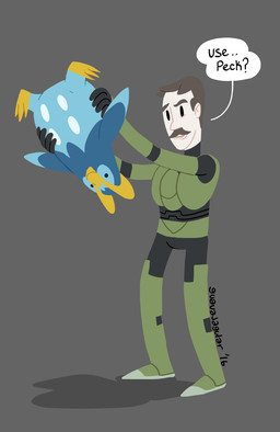 3_toes 5_fingers ambiguous_feral ambiguous_gender armor beak beak_closed black_bottomwear black_clothing black_eyes black_gloves black_handwear black_pants blue_body blue_feathers blue_line_art boots bottomwear brown_eyebrows brown_facial_hair brown_hair brown_mustache carrying_another closed_smile clothed clothed_human clothed_male clothing confusion cosplay dot_eyes duo eyebrows facial_hair feathers feet feral fingers flippers footwear fully_clothed fully_clothed_human fully_clothed_male gloves green_armor green_boots green_clothing green_footwear hair handwear larger_human larger_male looking_at_another male male_human mouth_closed multicolored_body multicolored_feathers mustache open_mouth pale_skin pants question_mark shoes simple_background simple_eyes size_difference smaller_ambiguous smaller_feral smile speech_bubble standing talking_to_another tan_body tan_skin text toes upside_down yellow_feet guavajagular halo_(series) microsoft nintendo pokemon real_world xbox_game_studios geoff_ramsey generation_4_pokemon human mammal pokemon_(species) prinplup 2016 artist_name colored colored_line_art digital_drawing_(artwork) digital_media_(artwork) english_description english_text lineless shaded