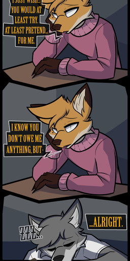 3_panel_comic alcohol anthro beverage biped black_bottomwear black_clothing black_nose black_pants bottomwear brown_body brown_nose clothed clothing dialogue disappointed drunk duo fur grey_body grey_fur male markings mole_(marking) mole_under_eye multicolored_body multicolored_fur object_in_mouth orange_body orange_fur orange_tail painting_(object) pants pink_clothing shirt sleeping substance_intoxication tail text topwear uniform white_clothing white_shirt white_text white_topwear yellow_text suitedwolfie balthy_(suitedwolfie) k_(suitedwolfie) canid canine canis fox mammal northwestern_wolf red_fox true_fox wolf 2026 absurd_res comic english_text hi_res watermark