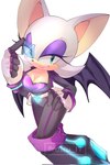 anthro breasts cleavage clothed clothing eyeshadow female footwear fur gloves green_eyes handwear heart_eyes heart_symbol light_body light_skin looking_at_viewer makeup narrowed_eyes scouter simple_background smile solo white_body white_fur wings nuinu_17 sega sonic_the_hedgehog_(series) rouge_the_bat bat mammal hi_res signature