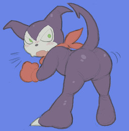 accessories_only ass_up belly bent_over blush bodily_fluids bubble_butt butt clothing cute_fangs embarrassed fangs gloves green_eyes handwear kerchief male neckerchief neckwear presenting presenting_hindquarters purple_background purple_body red_clothing red_gloves red_handwear red_kerchief red_neckerchief shortstack shortstack_male simple_background solo standing sweat tail teeth cafongterua bandai_namco digimon digimon_(species) imp impmon 2024 colored digital_drawing_(artwork) digital_media_(artwork) low_res
