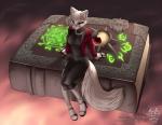 abstract_background anthro biped book clothed clothing dress female footwear fur glowing_runes high_heels jacket jewelry necklace shoes sitting solo tail text topwear white_body white_fur vallhound canid canine mammal 2017 url