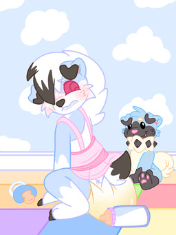 abdl anthro baby_bottle blush bodily_fluids clothed clothing crossdressing diaper embarrassed femboy genital_fluids male pacifier solo unclean_diaper urine used_diaper wet_diaper backndiapers nintendo pokemon fan_character canid canine generation_7_pokemon lycanroc mammal midnight_lycanroc pokemon_(species) rockruff shiny_pokemon hi_res