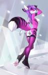 anthro biped breasts butt clothing feet female footwear fur genitals hair inside legwear looking_at_viewer nipple_piercing nipples nude paws piercing pink_body pink_fur plantigrade purple_hair pussy raised_heel smile socks solo standing stockings toeless_footwear toeless_socks yulliandress selene_leni canid canine fox mammal 2015 hi_res