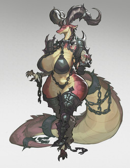 2_horns 3_eyes anthro armor bandage bandaged_arm bandaged_leg barefoot bdsm bedroom_eyes big_breasts big_horn big_tail bikini_armor biped black_armor black_clothing bondage bondage_armor bound breasts chain claws clothed clothing collar cuff_(restraint) curvy_figure digitigrade ear_piercing feet female finger_claws horn huge_breasts huge_horn huge_tail legwear metal_collar multi_eye multicolored_body narrowed_eyes piercing red_body restraints seductive shackled_ankles shackled_wrists shackles shoulder_guards simple_background skull_accessory skull_motif smile solo standing tail tail_cuff thick_thighs thigh_highs toe_claws toeless_legwear unconvincing_armor voluptuous voluptuous_female wide_hips pirodefka mythology dragon mythological_creature mythological_scalie reptile scalie absurd_res hi_res