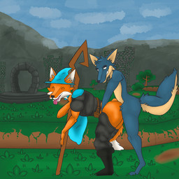 anal anal_penetration anthro blue_body blue_fur butt cape castle_towers clothing duo f0xb0t fur grass hat headgear headwear magic_user male male/male male_penetrated male_penetrating male_penetrating_male orange_body orange_fur penetration plant portal rock sex sky tail tan_body tan_fur white_body white_fur wizard_hat spazlovesdew megabonk fox_(megabonk) canid canine fox mammal 1:1 hi_res