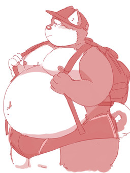 anthro backpack belly big_belly blush clothing hat headgear headwear humanoid_hands kemono male moobs navel nipples obese obese_male overweight overweight_male solo underwear jamiephut canid canine canis domestic_dog mammal 2022 3:4 hi_res
