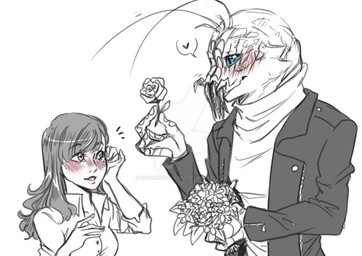 3_fingers 5_fingers black_clothing blue_eyes blush clothed clothing duo female female_on_humanoid fingers flower hair heart_symbol holding_object human_on_humanoid interspecies jacket love male male/female male_on_human not_furry open_mouth open_smile plant romantic romantic_couple shirt simple_background smile teeth topwear white_background mellowpastelraptor district_9 fan_character alien human humanoid mammal prawn_(district_9) source_request unavailable_at_source