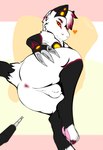 anthro anus backsack balls black_markings butt digitigrade eyebrow_piercing eyebrows facial_piercing fur genitals hand_on_butt heart_symbol male markings orange_eyes pawpads piercing pink_pawpads presenting presenting_anus presenting_balls presenting_hindquarters red_markings simple_background slight_smile solo technology white_body white_fur lintwave lint_(lintwave) ampwave digital_media_(artwork) flat_colors hi_res