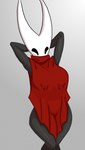2_horns biped black_body black_eyes breasts cloak clothed clothing female hands_behind_head horn pose red_cloak red_clothing solo standing thick_thighs white_head fhugin hollow_knight team_cherry hornet_(hollow_knight) arthropod 2025 absurd_res hi_res pinup