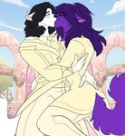 anthro black_hair blush blush_lines clothed clothing detailed_background digit_ring duo ear_piercing ear_ring ears_back fluffy fluffy_tail fur gloves hair hand_on_hip handwear inner_ear_fluff jewelry kiss_on_lips kissing lips long_hair male male/male married_couple piercing pivoted_ears purple_body purple_fur purple_hair ring ring_piercing scar tail tuft wedding wedding_ring white_body white_fur james_andromeda liam_(james_andromeda) seasamaru detailed digital_drawing_(artwork) digital_media_(artwork) digital_painting_(artwork)