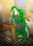 5_fingers 5_toes anthro apron apron_only beef box claws clothing container cutting_board dishes feet fingers floor food fruit furniture green_body kitchen knife male meat multicolored_body nude plant solo steak table tile tile_floor toes tomato two_tone_body white_body white_claws yellow_eyes redgreendied cregon alligator alligatorid crocodile crocodilian crocodylid reptile scalie absurd_res hi_res shaded